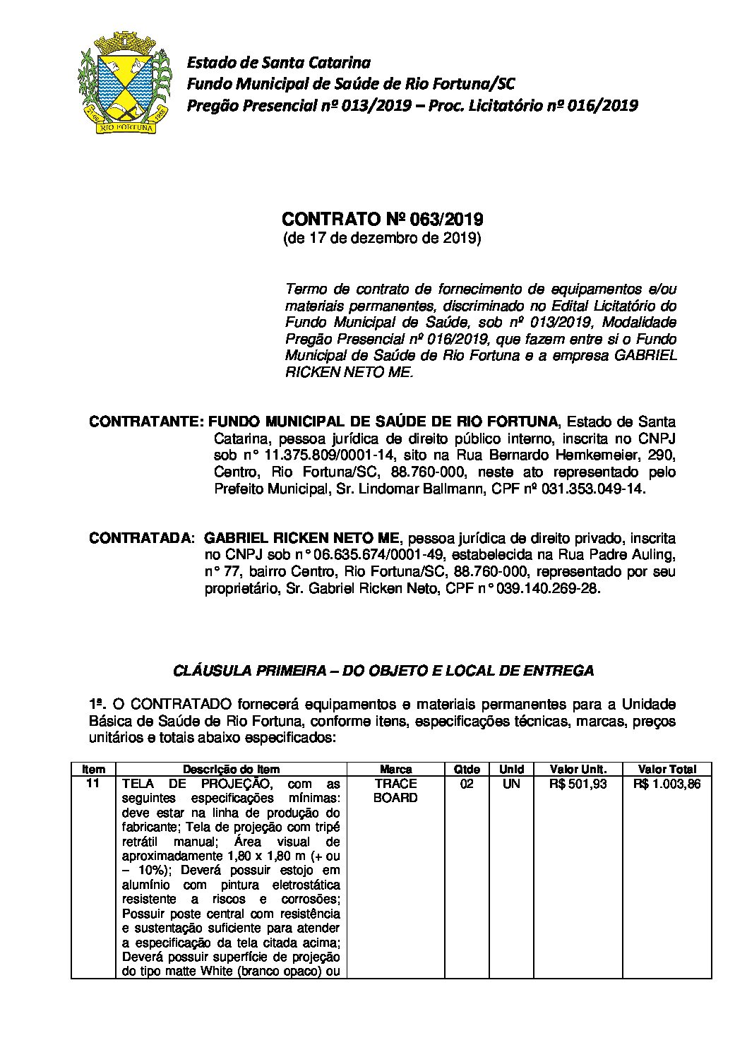 Contrato 063-2019 - Equip. e Mat. Permanente GABRIEL RICKEN NETO